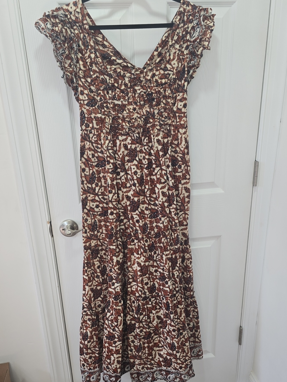 Smocked V-Neck Brown Floral Maxi Dress